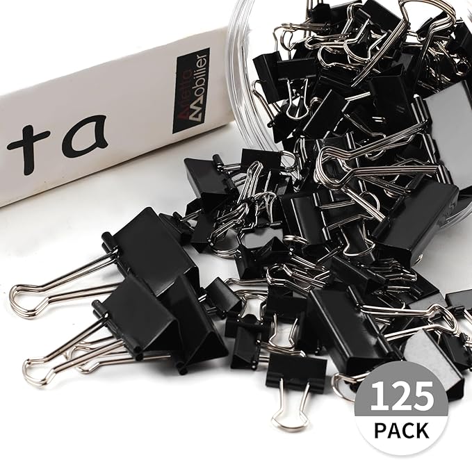 125Pcs Binder Clips Colored, Binder Clips Assorted Sizes, 6 Sizes Binder Paper Clips for Office Supplies/Home/School (Black)