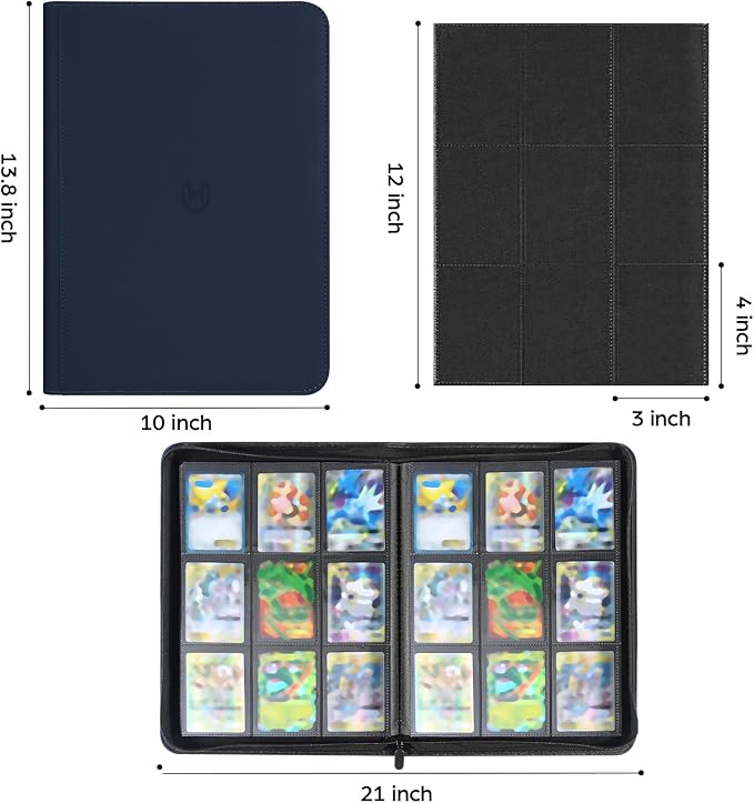 Card Binder 9 Pocket with Zipper, 648 Pockets Trading Card Holder Book, Premium PU Cover Zip Folder Binder, Side Loading Carrying Case Binder Album for TCG, MTG, Sports Cards, Game Cards