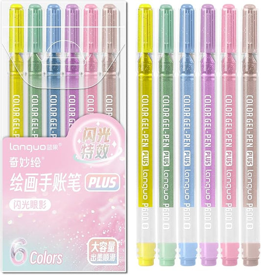 Glitter Gel Pens, 6 Pack Glitter Pens For Adults Coloring Books, 1.0mm Point Colored Pens, Large Capacity Ink Pens for Coloring, Writing, Drawing, Journaling, Note Taking, Office, Home