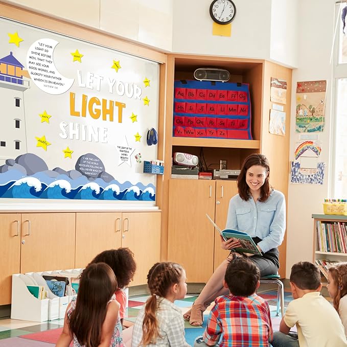 88 Pcs Let Your Light Shine Bulletin Board Set Christian Religious Bulletin Board Decoration Bible Verse Lighthouse Cutouts Christian Classroom Decor for Church Sunday School Wall