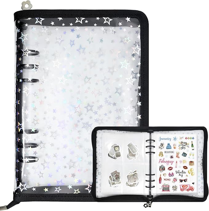 Sticker Storage Organizer Binder A5 Sticker Collecting Book Reusable Zipper Album with Clear Laser Star Cover and Pocket Pages (Black)