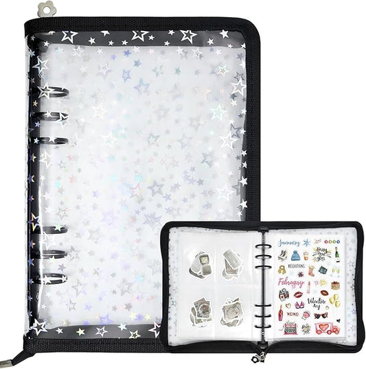Sticker Storage Organizer Binder A5 Sticker Collecting Book Reusable Zipper Album with Clear Laser Star Cover and Pocket Pages (Black)