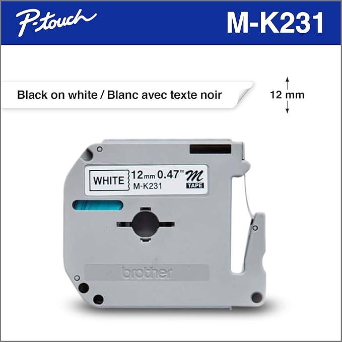 Brother Metallic Tape, 1.2 cm, Black, White, 8000 Labels, Compatible with M-K231, PT100, PT110, PT65, PT70, PT80, PT90, PT85, PT100PT110, PTBB4, Label Maker Tape