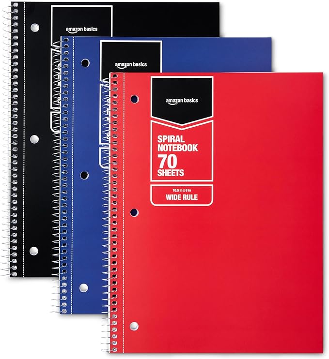 Amazon Basics Wide Ruled Spiral Notebook, For Work and School, 70 Sheets, 8" x 10.5", 3 pack, Assorted Primary Solid Colors