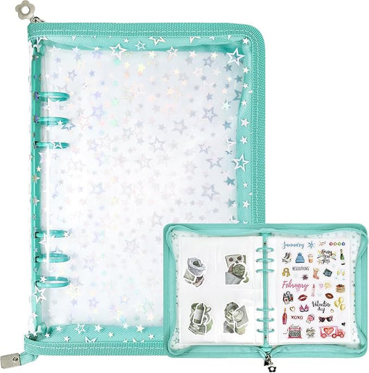 Sticker Storage Organizer Binder A5 Sticker Collecting Book Reusable Zipper Album with Clear Laser Star Cover and Pocket Pages (Cyan)
