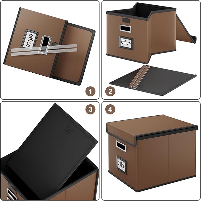 Huolewa Portable Leather File Organizer Boxes with Lids, Office Document Boxes Organizer, Filing Boxes, Decorative Small File Boxes for Hanging Files with Plastic Slide for Office/Decor/Home