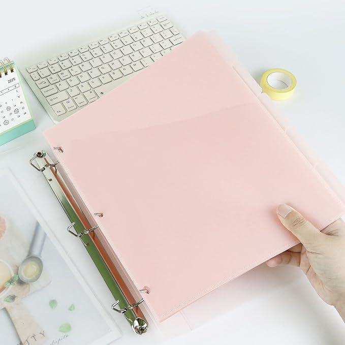 Koqye Binder Dividers with Pockets - 5 Plastic Dividers for 3 Ring Binders - A4 Bividers with Pocket & Tabs for Planners (Pink - 5 Tabs)
