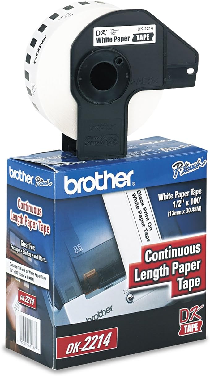 Brother Genuine DK-2214 Continuous Length Black on White Paper Tape for Brother QL Label Printers, 0.47" x 100' (12mm x 30.4M), 1 Roll per Box, DK2214