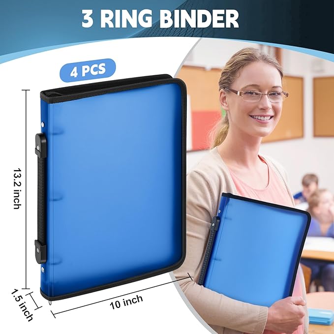 Teling 4 Pcs Plastic Zipper Binders with 3 Ring Zipper Binder, Refillable File Organizer Planner for Projects, Assignments, Memos, School Work (1 Inch,Blue)