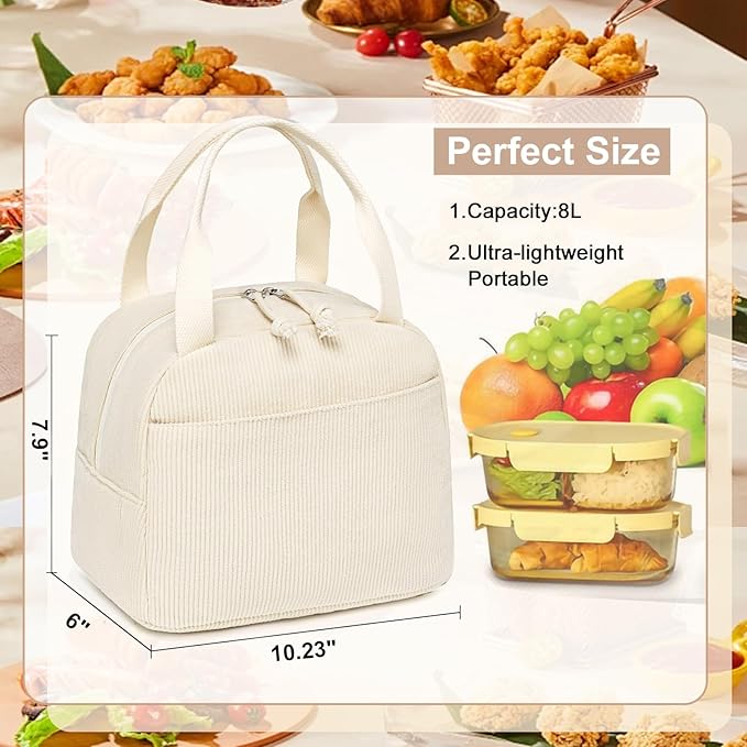 LEDAOU Lunch Box for Women Insulated Lunch Bag Corduroy Lunch Tote Bags Leakproof Cooler Lunch Case for Travel Work Picnic (Corduroy Solid Beige)