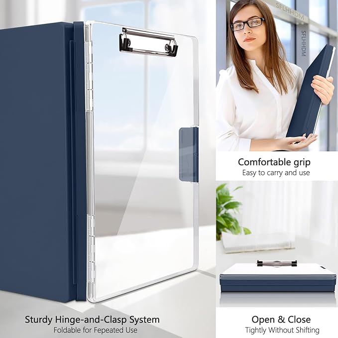 SFLHHDM Clipboard with Storage,Heavy Duty Clip Boards 8.5x11 with 2 Storage Case,Clear Visible Panel Storage Clipboards,Side Opening Nursing Clipboard Folder for Office Supplies-Grey Blue