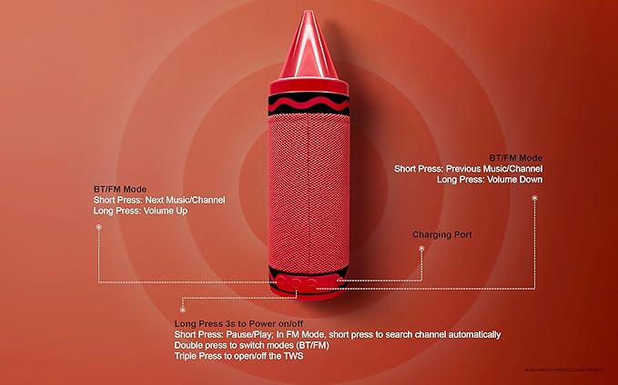 Crayola Kids Crayon Speakers Bluetooth Wireless, Portable Bluetooth Speakers 20W Peak Power HD Sound, Mini Bluetooth Speaker with TWS Pairing BT 5.3, FM Radio Home/Party/Outdoor/Travel