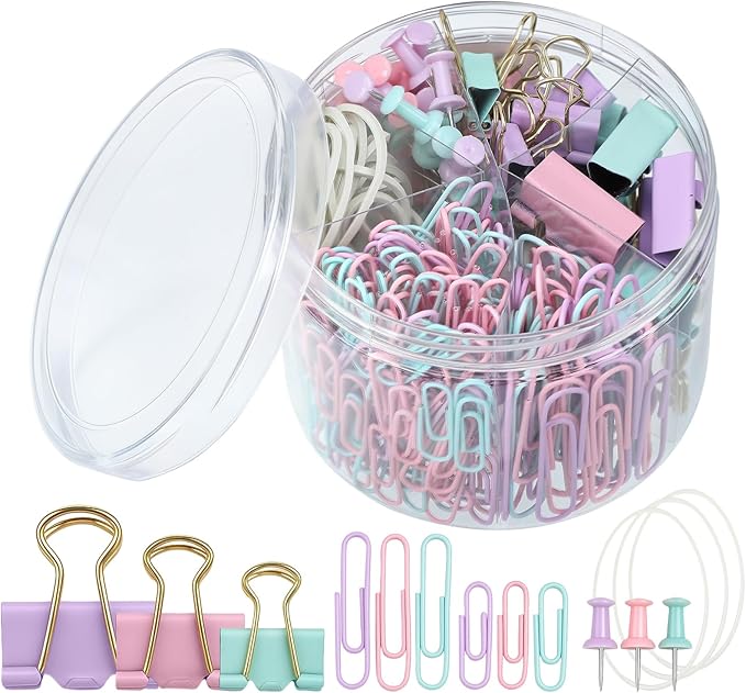 350 Pcs Paper Clips Assorted Sizes, Colored Binder Clip Paper Clamps Office Clips Set Push Pins Rubber Bands Teacher Supplies for Classroom Office Easter Gifts
