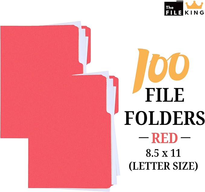 The File King 1/3 Cut Red File Folders Letter Size - 100 Pack | Colored Manilla Folders 8.5 x 11 | Made in The USA | Assorted 3 Tab Red Color Manila File Folder | Heavy Duty Basic Paper Filing Folder
