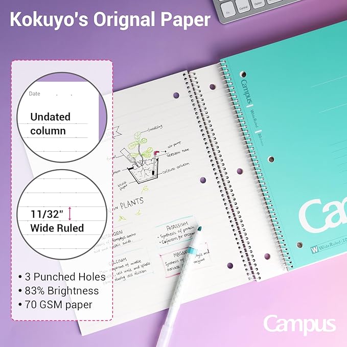 KOKUYO Spiral Notebook, 3 Pack Campus 10-1/2" x 8" Subject Notebooks with Wide Ruled, 80 Sheets, Purple Orange Turquoise 3 Holes School Spiral Journal for Work Study Note Taking (WSG-SU-400G3×3)