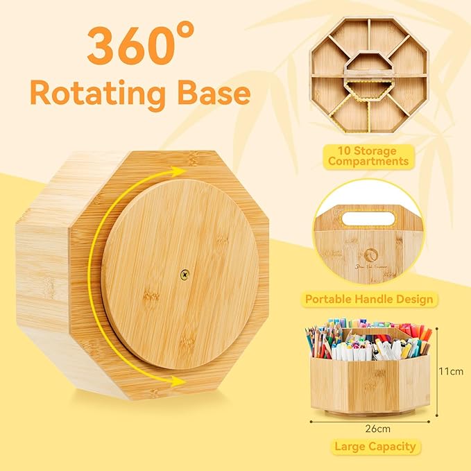 Ohuhu Rotating Marker Organizer for Alcohol Markers, 360-Degree Rotating Bamboo Storage Hold 162 Honolulu& B Alcohol Markers, Pens Pencil Holder with 8 Compartments for Home Classroom Office Decor