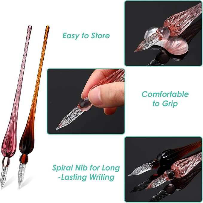 Outus 9 Pieces Glass Dip Pen Handmade Glass Signature High Borosilicate Crystal Vintage Dip Pen with 9 Pieces Penholder for Writing Drawing Calligraphy(Popular Style,Bright Color)