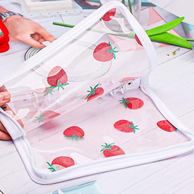 AxeWoodz White A5 Zipper Binder Clear Refillable Notebook Shell Cute Strawberry Lace Cover 6 Ring PVC Binder Cover for Photocard Planner Journal Photo Album