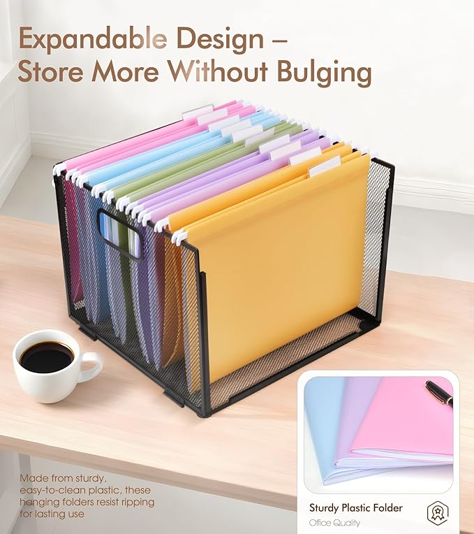 Plastic Hanging File Folders Letter Size, Colored Hanging File Folders with Tabs, Durable Waterproof Plastic Hanging Folders for Filing Cabinets, Office, School & Home Organization (15, Pastel)