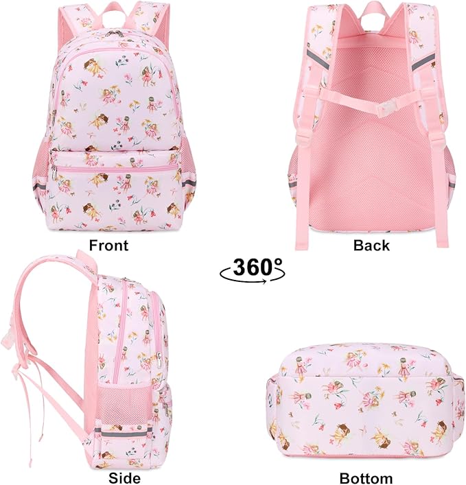 DSIUE Kids Backpack for Girls Elementary BookBags Teens School Backpack with Lunch Box Flower Fairy Beige