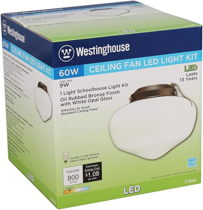 Westinghouse 7784600 LED Schoolhouse Indoor/Outdoor Energy Star Ceiling Fan Light Kit, Oil Rubbed Bronze Finish with White Opal Glass