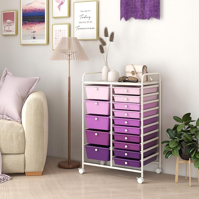 COSTWAY 15 Drawer Rolling Storage Cart, Mobile Utility Cart with Lockable Wheels, Drawers, Multipurpose Organizer Cart for Home, Office, School, Gradient Purple