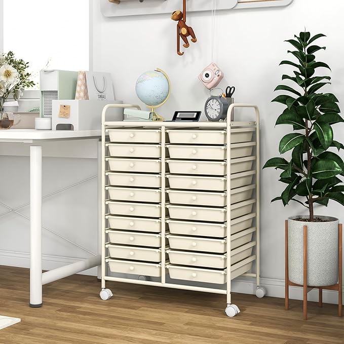 COSTWAY 20-Drawer Rolling Storage Cart, Utility Storage Organizer Cart for Tools, Scrapbook, Paper, Craft, Multipurpose Storage Trolley on Wheels for Home Office School, Ivory White