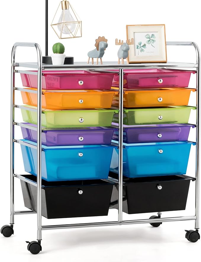 COSTWAY 12-Drawer Rolling Storage Cart, Moveable Art Craft Organizer W/Lockable Wheels, Metal Shelf, Files Arrangement Tools Makeup Storage Cart for Office, Home, School (Rainbow)