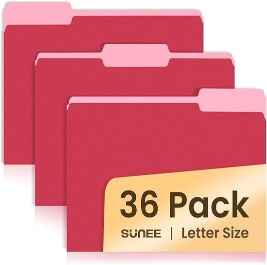 SUNEE File Folders, 36 Pack Manilla Folders 8.5 x 11, Colored File Folders Home Office School Supplies for Documents Files Paper, Red Colors
