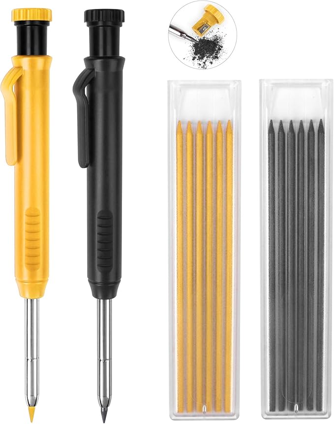 MECHEER 2 Pack Carpenter Pencils Construction Pencil with 12 Refills, Mechanical Carpenter Pencils with Built-in Sharpener, Long Nib Deep Hole Heavy Duty Woodworking Pencil Marker (Black, Yellow)