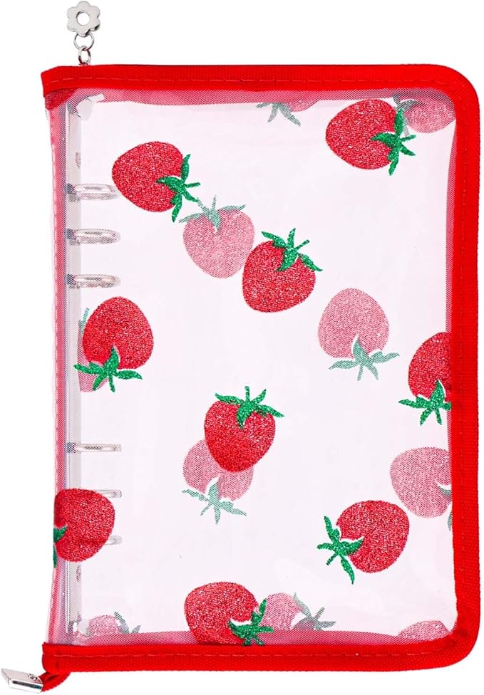 AxeWoodz Red A5 Zipper Binder Clear Refillable Notebook Shell Cute Strawberry Lace Cover 6 Ring PVC Binder Cover for Photocard Planner Journal Photo Album