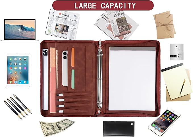 AZXCG Embossed Padfolio for Women,Zippered Padfolio with 3 Ring Binder,Business Portfolio Organizer for Women with A4 Writing Pad Holder, Leather Portfolio for Meeting,Gift for Valentine's Day