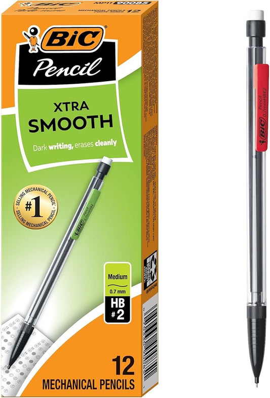 BIC Xtra-Smooth Mechanical Pencils with Erasers, Medium Point (0.7mm), 12-Count Pack, Bulk Mechanical Pencils for School or Office Supplies