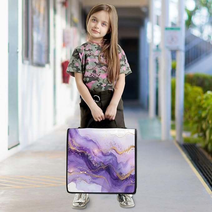 Purple Marble Waterproof Zipper Binder with Shoulder Strap, 3-Ring Trapper Keeper with Lay-Flat Design and Multiple Compartments for School & Office, Adults & Kids