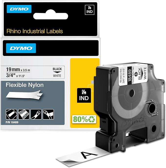 DYMO Rhino Industrial Flexible Nylon Labels, 3/4" x 11.5', Black Print on White Tape