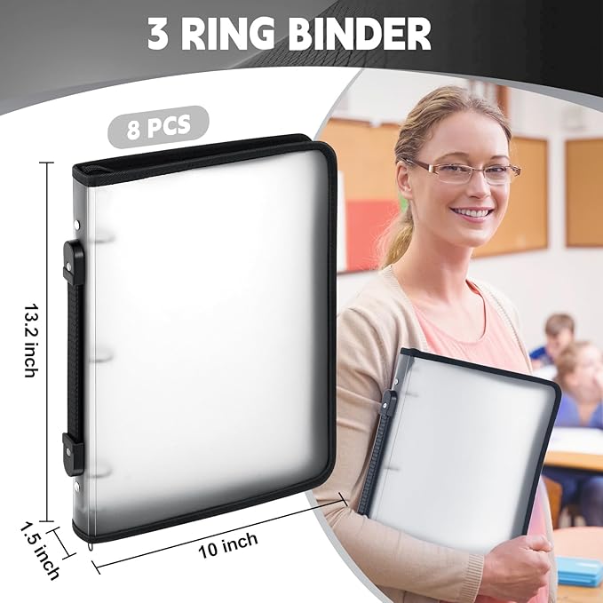 Teling 8 Pcs Plastic Zipper Binders with 3 Ring Zipper Binder, Refillable File Organizer Planner for Projects, Assignments, Memos, School Work (1 Inch,White)