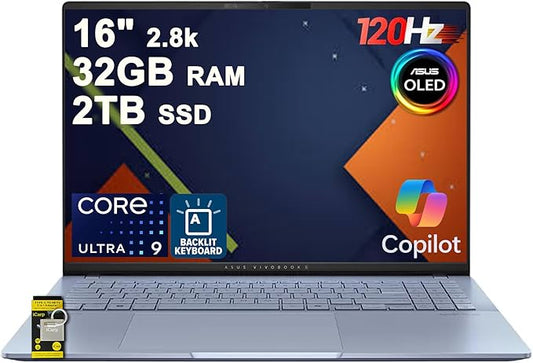 ASUS Vivobook S16 AI PC Laptop 16" 2.8k OLED 120Hz (600nits HDR, 100% DCI-P3) Intel 16-core Ultra 9 285H 32GB DDR5 2TB SSD Backlit for Creator Business Professional Work Win11 ICP Hub/Copilot+ AI