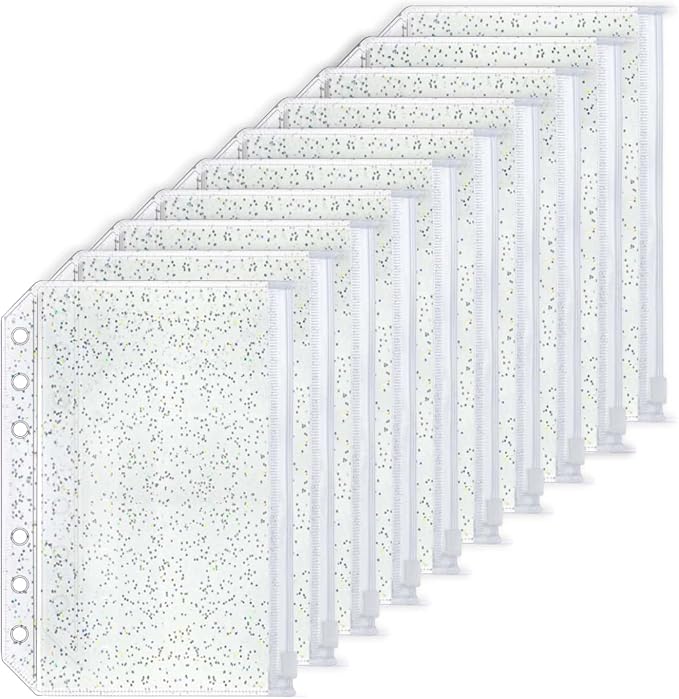 10pcs A6 Cash Stuffing Envelopes Zipper Binder Pockets Clear Glitter PVC 6 Hole Zip Sleeves Loose Leaf Pouches for 6 Ring Binder Planner (A6 4.17" x 6.85")