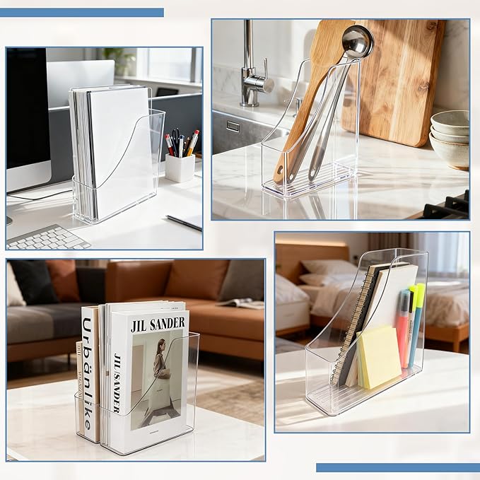 2PCS Acrylic Desk Organizers with Handle, 5 Vertical Compartments Detachable Magazine Rack, Office Desktop Workspace Organization Storage Rack for Office Home School