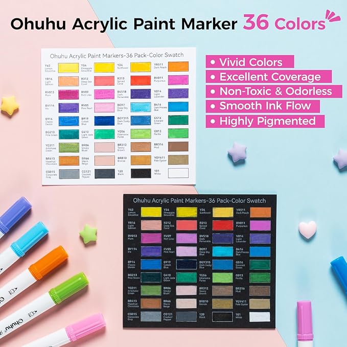 Ohuhu Acrylic Paint Markers Dual Tips: 36 Colors Brush & Dot Paint Pens High Opacity Acrylic Markers Waterproof Lightfast for Christmas Gifts Rock Painting 3D Prints Eggs Wood Glass Ceramic DIY Crafts