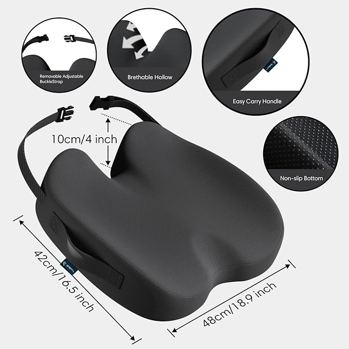 Large Memory Foam Seat Cushion for Office Chair, Car, Desk, Truck & Wheelchair - Tailbone, Coccyx & Sciatica Pain Relief Pillow - Ergonomic Back Support Portable Pad for Long Sitting & Driving