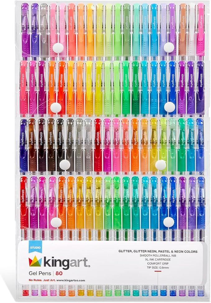 KINGART GLITTER Rollerball GEL PENS, 80 Sparkling Colors with Soft-Grip Comfort, XL Ink Cartridge - For Coloring, Doodling, Scrapbooking, Journaling and General Use, All Ages, 80 Pens