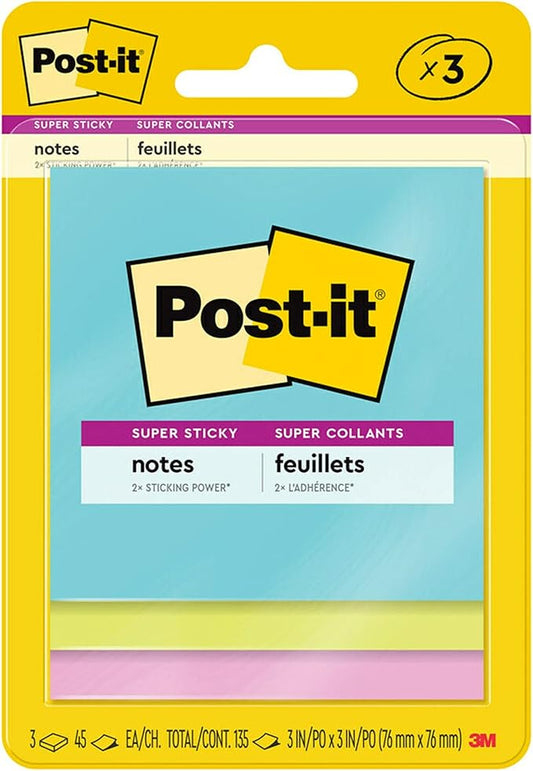 Post-it Super Sticky Notes, 3x3 in, 3 Pads, 2X The Sticking Power, Supernova Neons, Bright Colors, Recyclable (3321-SSMIA), (Pack of 48)