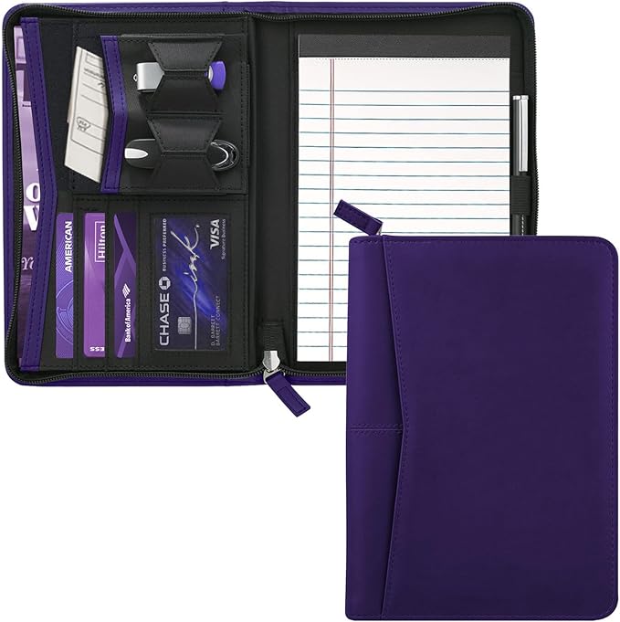 Small Portfolio Organizer, A5 Zippered Business Portfolio, Junior Padfolio Folder Binder for Women & Men, 5 x 8 Writing Pad Included, Dark Purple
