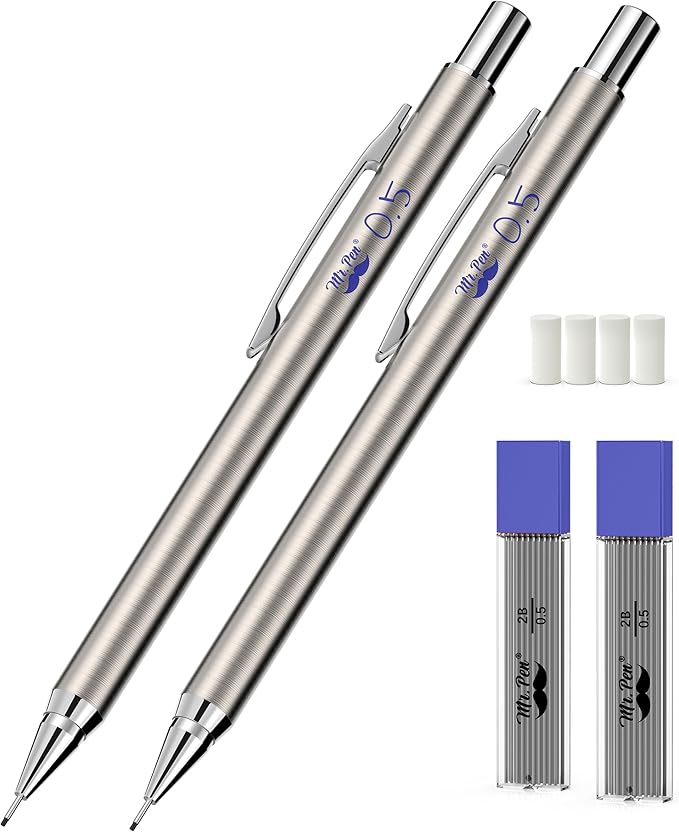 Mr. Pen- Mechanical Pencils 0.5mm, Pack of 2, Metal Mechanical Pencil with Lead and Eraser, Drafting Pencil, Drawing Pencil, 0.5 Mechanical Pencils
