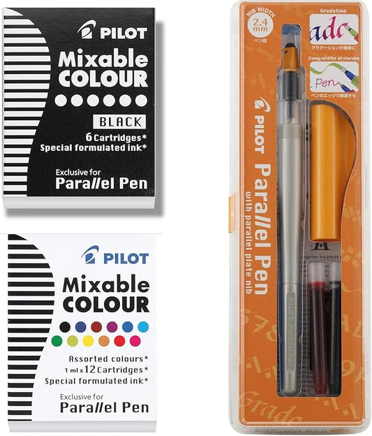 PILOT Parallel Pen 2-Color Calligraphy Pen Set with Black and Assorted Colors Ink Refills, 2.4 mm Nib, 20 Refills Total