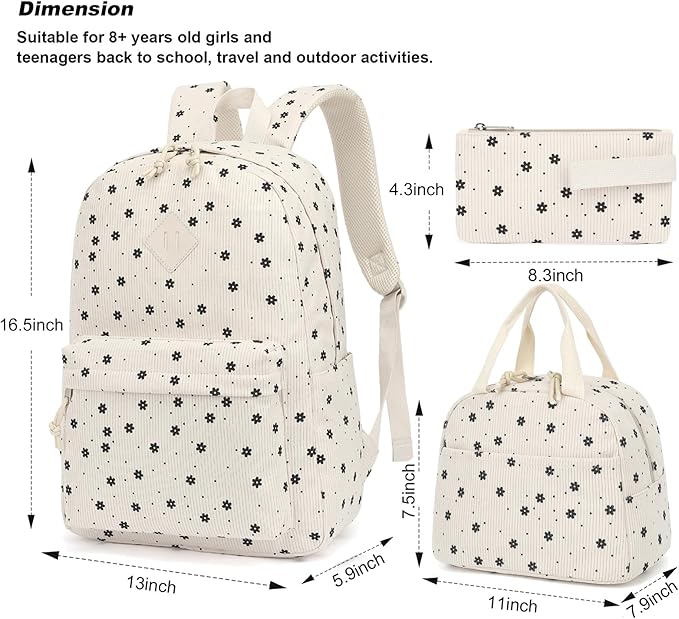 Corduroy Girls Backpack Set, 3PCS School Backpacks for Kids Elementary Middle School Bags with Lunch Box Pencil Case (Beige Corduroy Flowers)