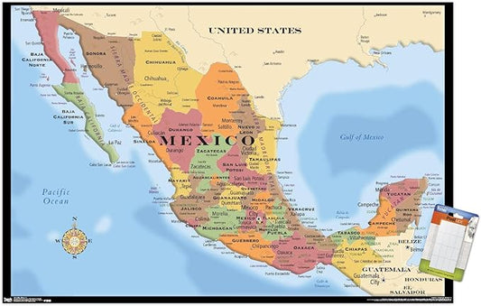 Trends International Map - Mexico Wall Poster, 22.375" x 34", Premium Poster & Mount Bundle