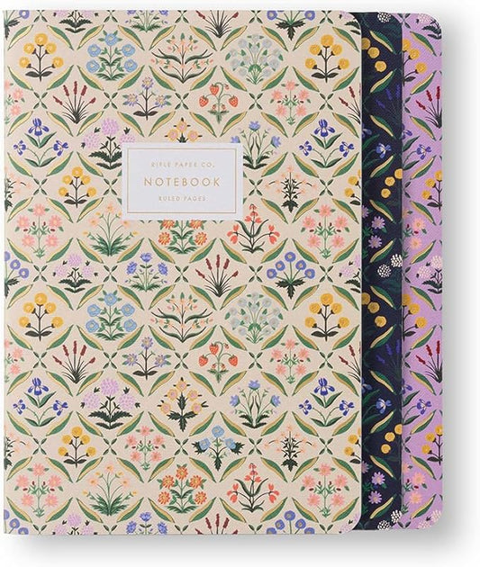 RIFLE PAPER CO. Estee Stitched Notebook Set, 8.5" L x 6" W, Set Of 3, 64 Ruled Pages With Gold Ink, Full-Color Canvas Cover With White Text Paper Interior