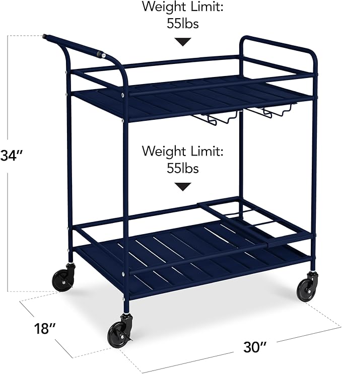 Best Choice Products Rolling Bar Cart, Mobile Home Bar Serving Cart, Serving Station w/ 2 Tier Shelves, Wine Rack, Lockable Wheels - Navy